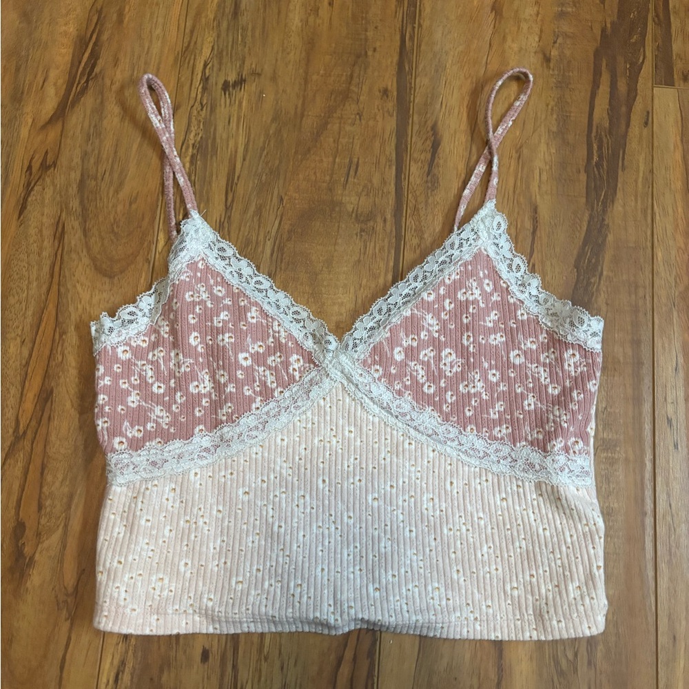 Aeropostale Pink and Cream Lace Trim Tank Top